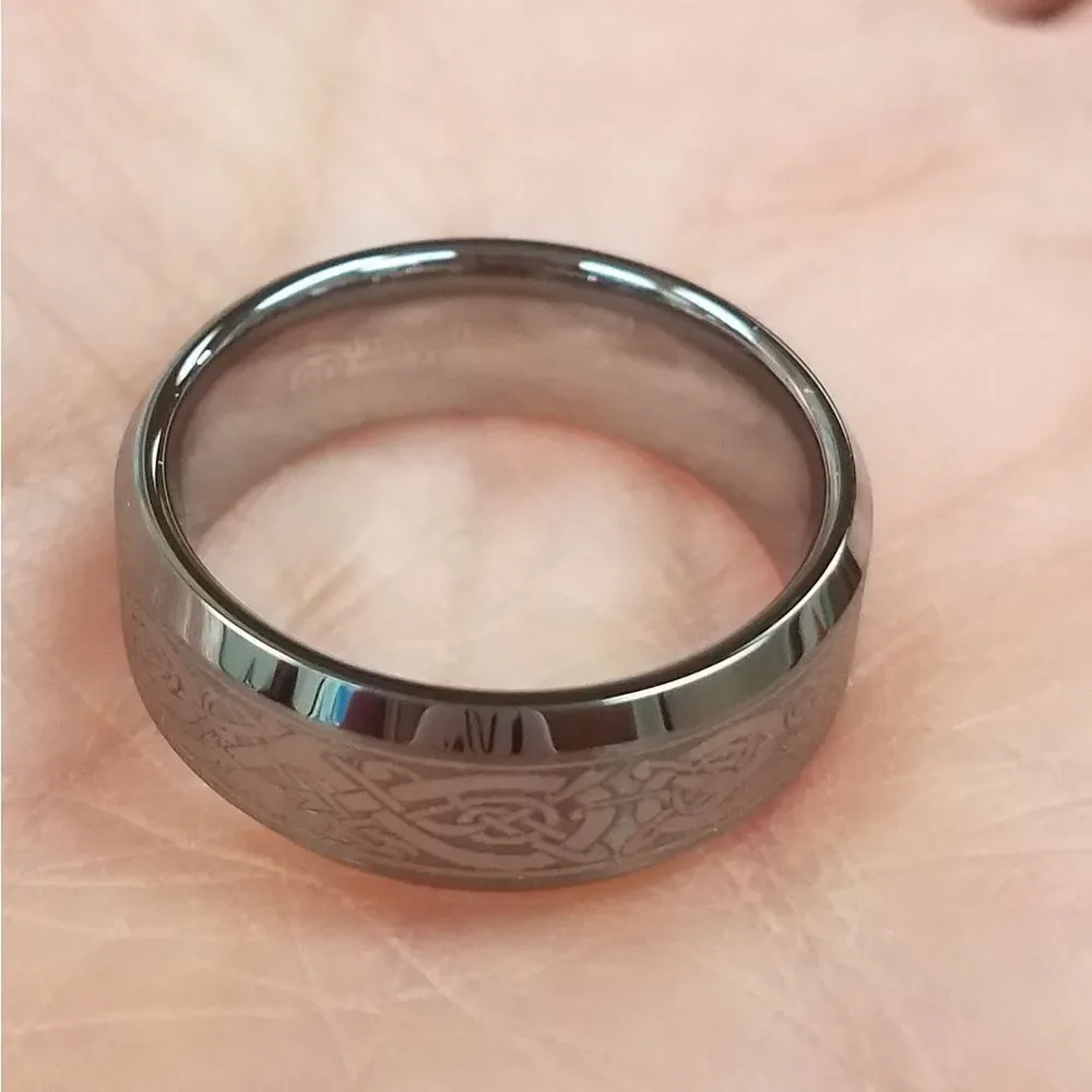8mm Flat Celtic Dragon men's Tungsten Band Ring